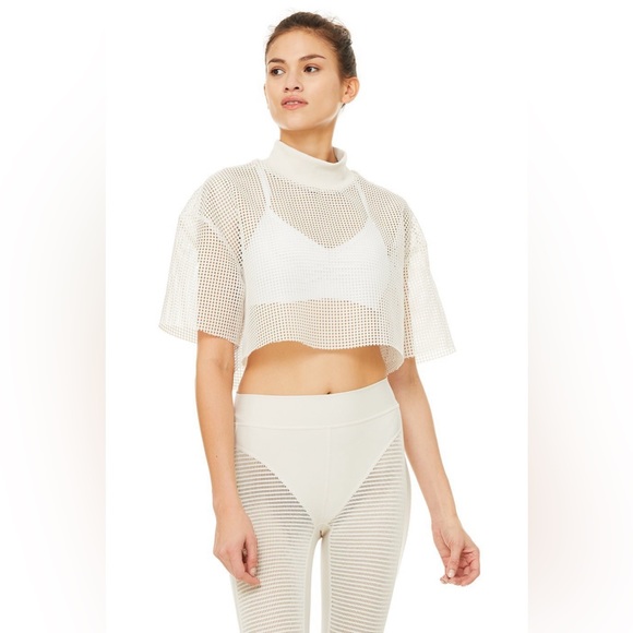 ALO Yoga Pants - Alo Bone Cream Mesh Set Size Small High-Waist Legging & Short Sleeve Top